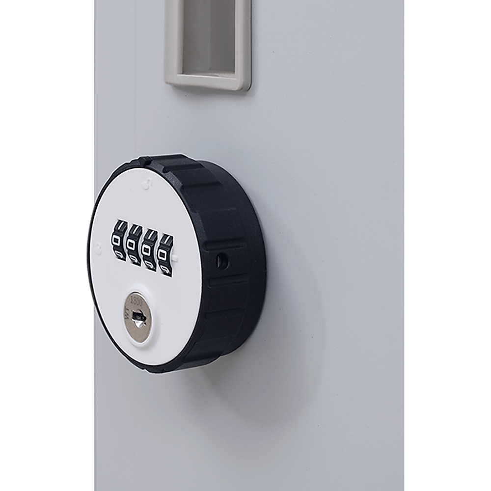 Lock mechanism on a one-door office gym shed locker, offering secure storage for clothing and personal items.