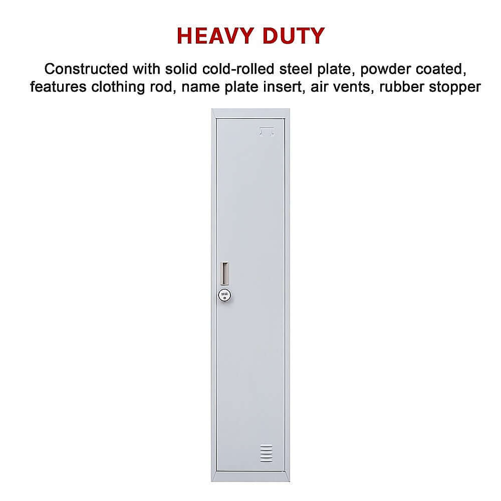 Heavy-duty clothing locker constructed with solid steel; features air vents, clothing rod, and rubber stopper.