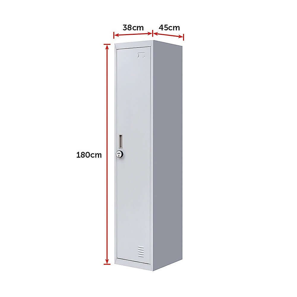 One-door office gym shed clothing locker cabinet dimensions: 180cm height, 38cm width, 45cm depth.