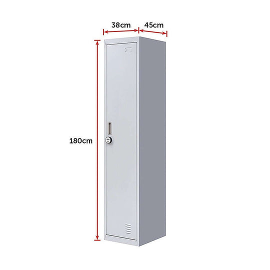 One-door office gym shed clothing locker cabinet dimensions: 180cm height, 38cm width, 45cm depth.