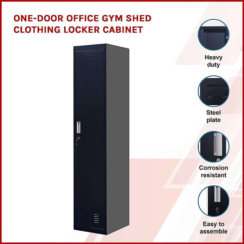 Affordable one-door office gym shed clothing locker cabinet, heavy duty, steel plate, corrosion resistant, easy to assemble.