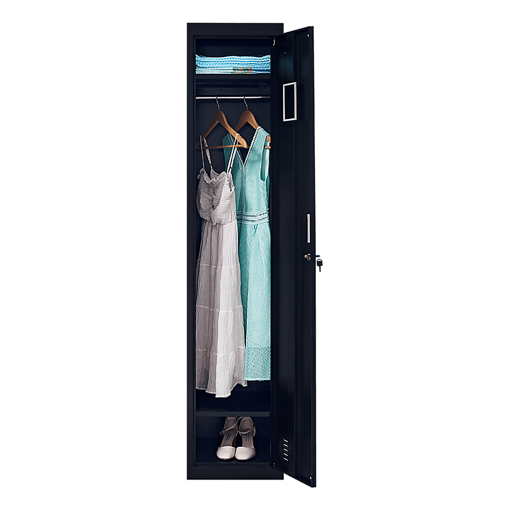 Affordable one-door office gym shed clothing locker cabinet with dresses and shoes stored inside.