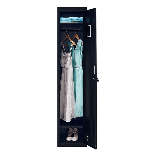 Affordable one-door office gym shed clothing locker cabinet with dresses and shoes stored inside.