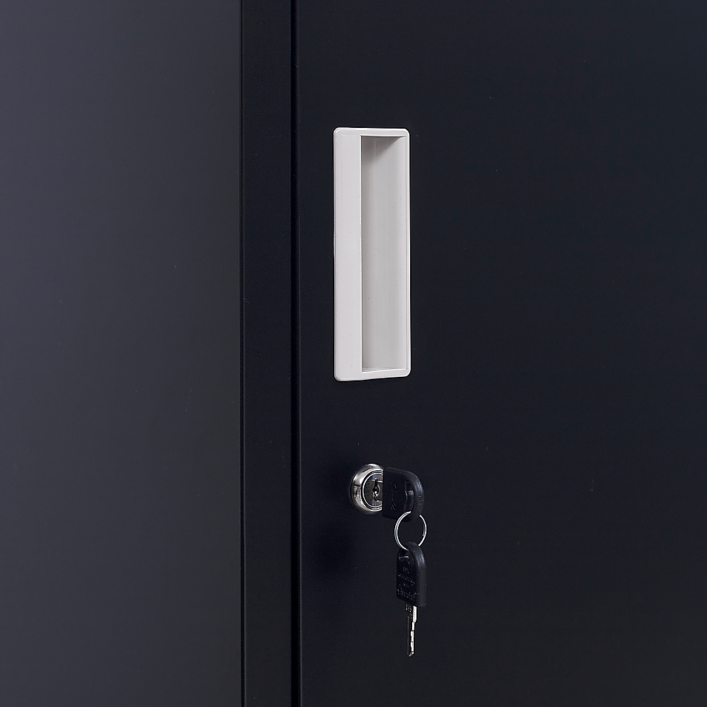 Close-up of a black locker door with white handle and keyhole, showcasing affordable, quality design for storage.