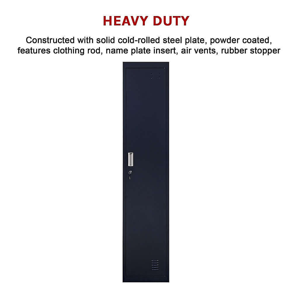 Heavy duty one-door locker cabinet made of quality steel, features clothing rod, air vents, and rubber stopper.