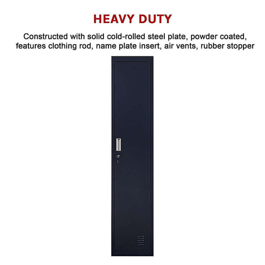 Heavy duty one-door locker cabinet made of quality steel, features clothing rod, air vents, and rubber stopper.