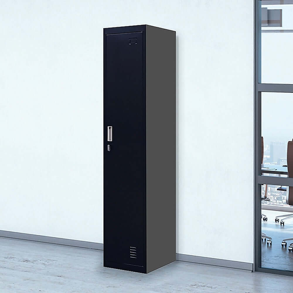 One-door office gym shed clothing locker cabinet in sleek black design for affordable and quality storage solutions.