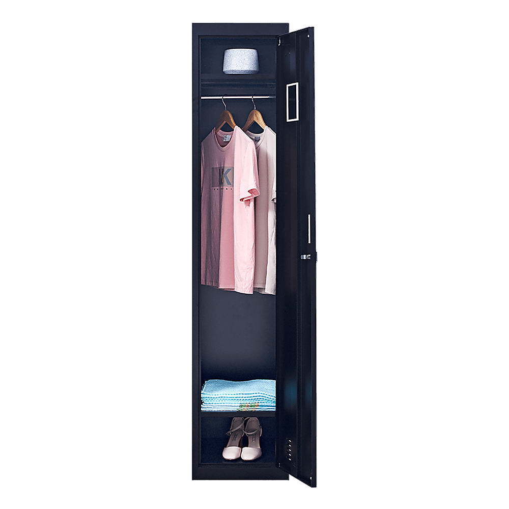 One-Door Office Gym Shed Locker Cabinet showing clothing, shoes, and shelves for affordable, quality storage.