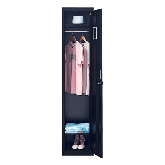 One-Door Office Gym Shed Locker Cabinet showing clothing, shoes, and shelves for affordable, quality storage.