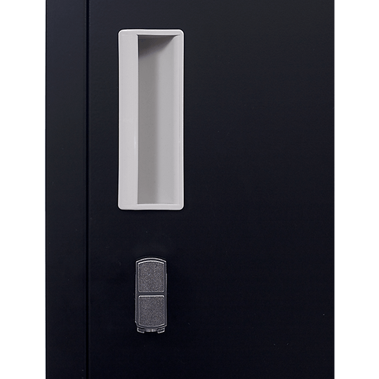 Close-up of the one-door locker cabinet handle and key slot, showcasing quality design and functionality.