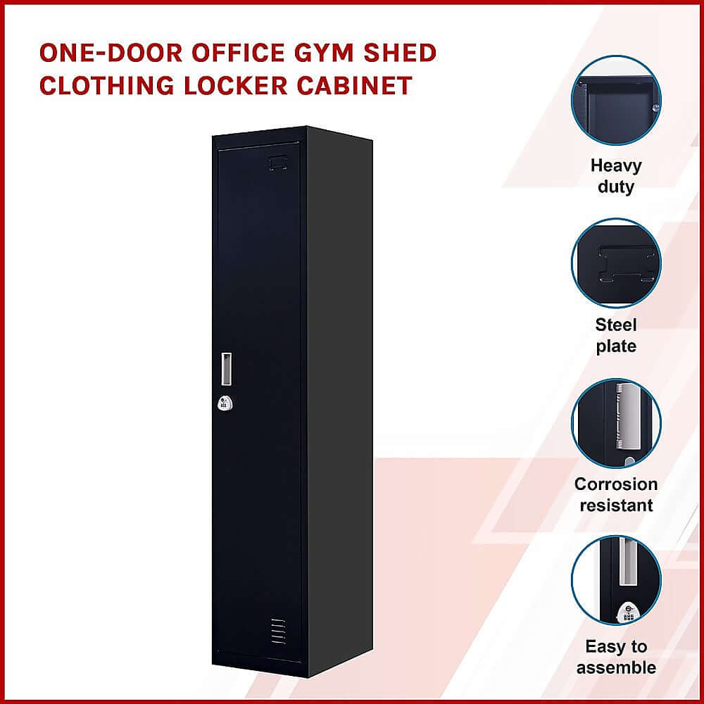 One-Door Office Gym Shed Clothing Locker Cabinet, heavy duty, steel plate, corrosion resistant, easy to assemble.