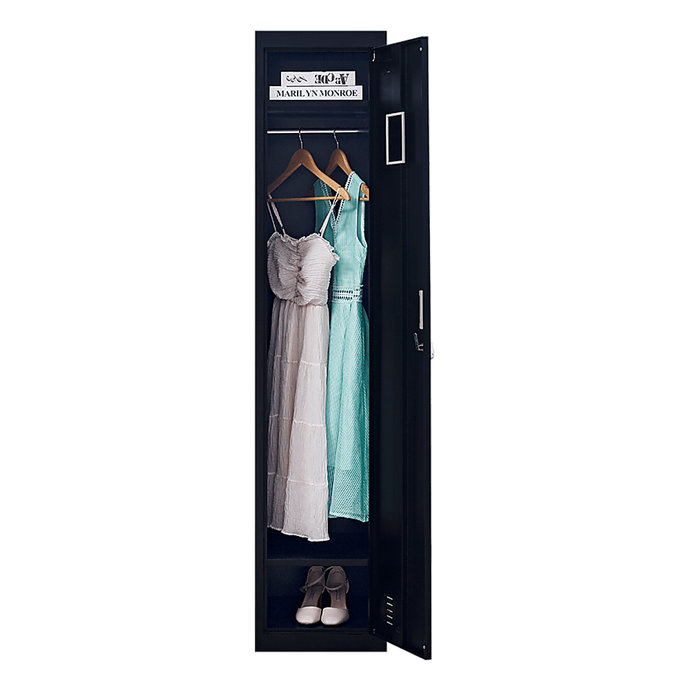 Affordable one-door office gym shed locker cabinet with dresses and shoes, providing quality clothing storage and ventilation.