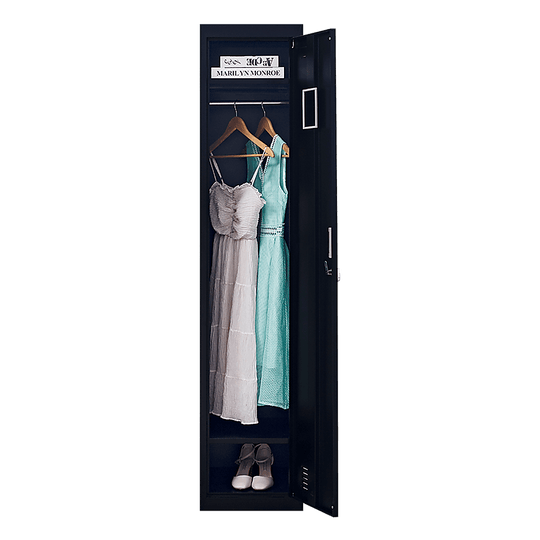 Affordable one-door office gym shed locker cabinet with dresses and shoes, providing quality clothing storage and ventilation.