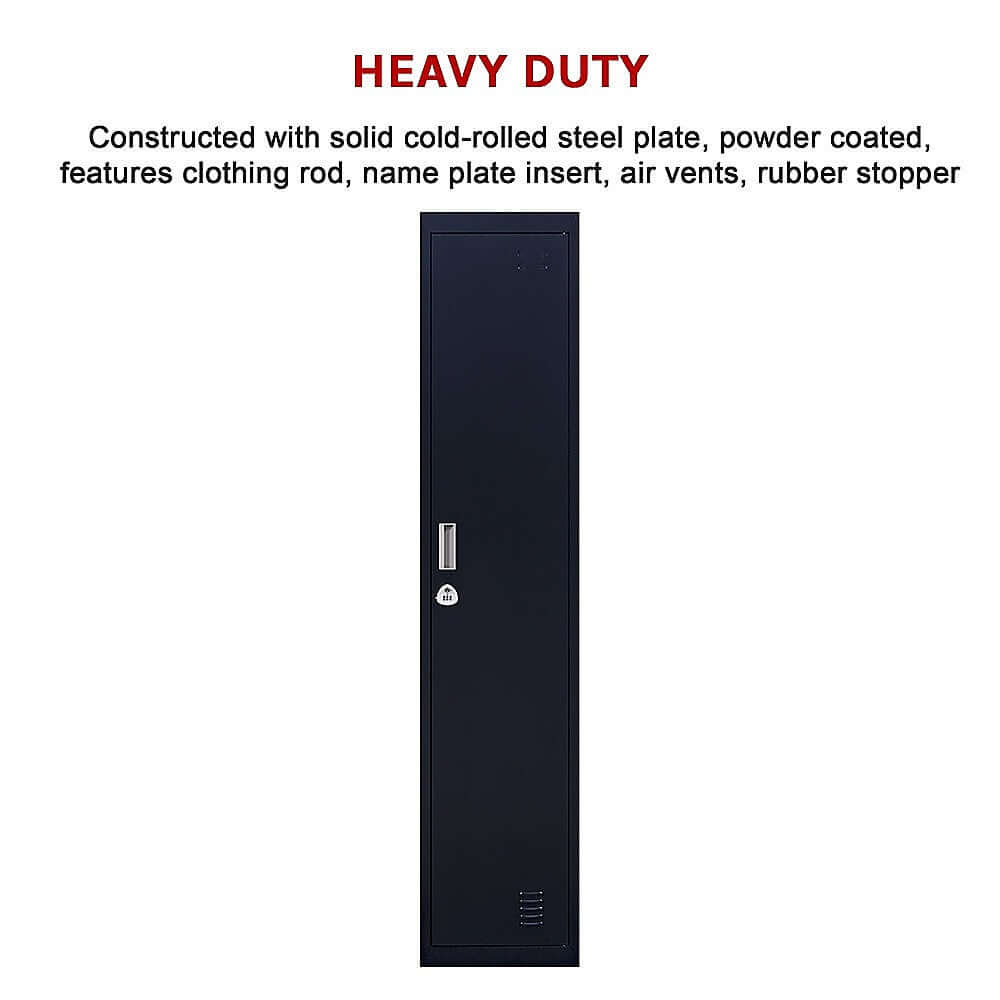 Heavy duty one-door clothing locker in black, made of durable steel, featuring air vents and clothing rod.