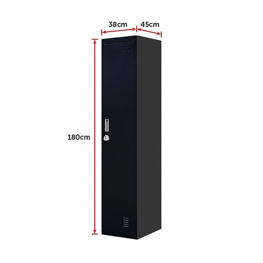 One-Door Office Gym Shed Clothing Locker Cabinet in black, dimensions 180cm x 38cm x 45cm, affordable quality storage solution.