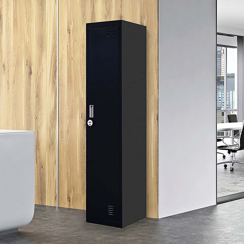 Affordable black one-door clothing locker cabinet designed for office gym and personal storage with ventilation.