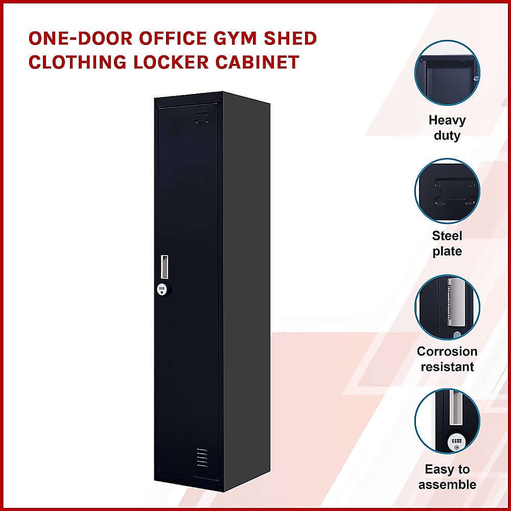 One-door office gym shed locker cabinet, heavy duty, steel plate, corrosion resistant, easy to assemble, affordable quality.