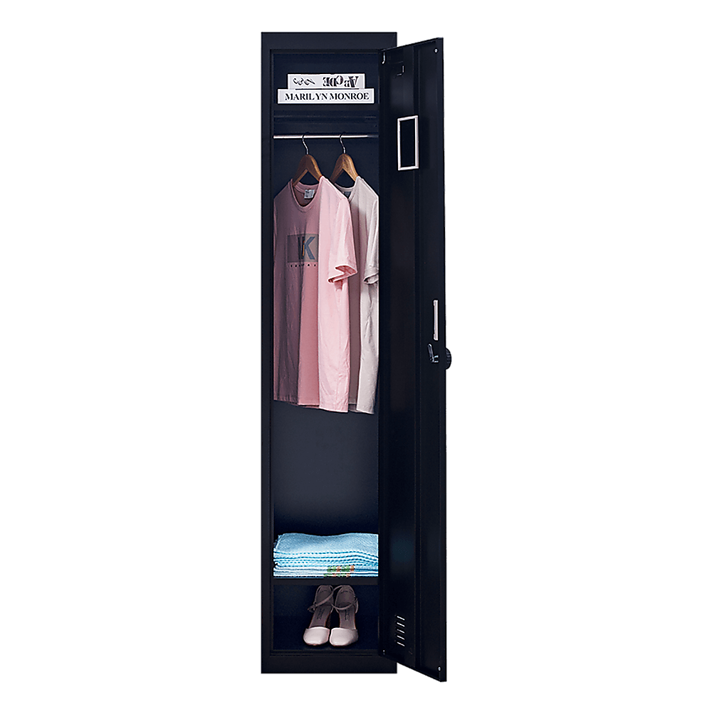 One-door clothing locker cabinet with hanging clothes, shelves for shoes, and ventilation for quality storage.