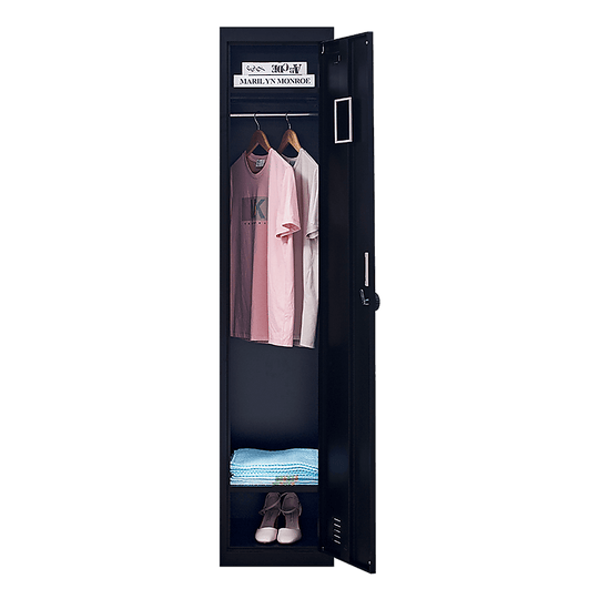 One-door clothing locker cabinet with hanging clothes, shelves for shoes, and ventilation for quality storage.