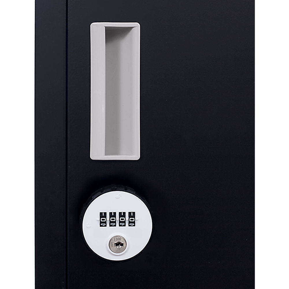 Close-up of a one-door office gym shed locker cabinet showing secure combination lock and handle.