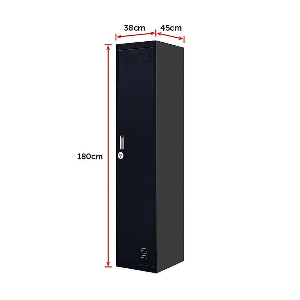 Affordable 1-Door Office Gym Shed Locker Cabinet, 180cm tall, black, perfect for clothing and personal storage.