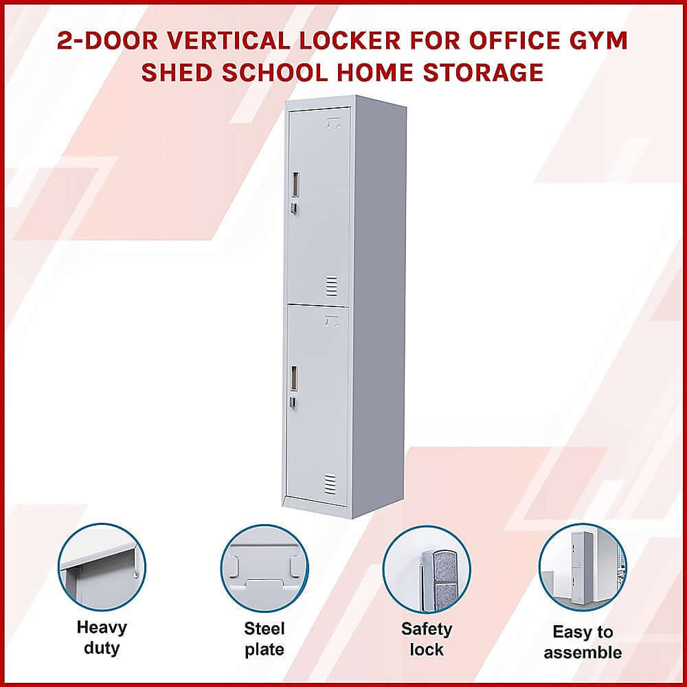 Durable 2-door vertical locker for secure storage in office, gym, school, or home; heavy-duty and easy to assemble.