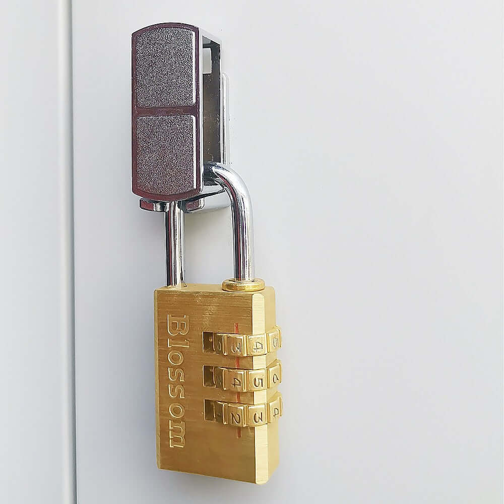 Gold combination padlock secured on a locker, providing an affordable and durable storage solution for personal belongings.