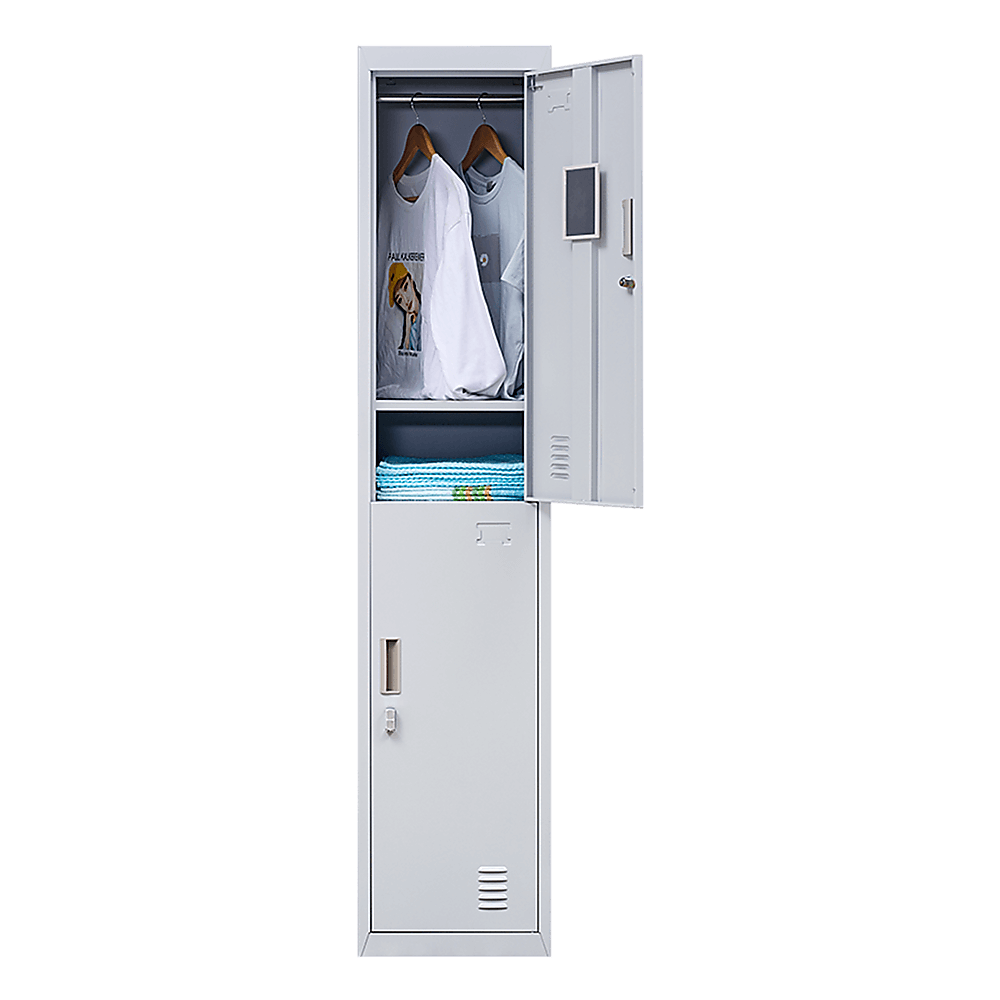 2-Door vertical locker with clothes and towels, ideal for affordable home, office, or gym storage solutions.