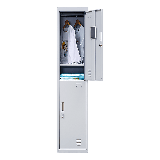 2-Door vertical locker with clothes and towels, ideal for affordable home, office, or gym storage solutions.