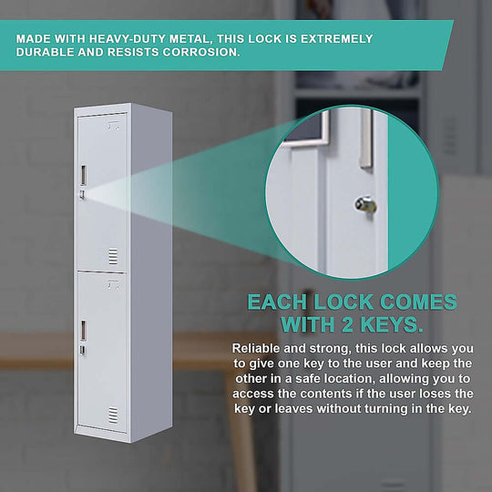 Durable 2-door locker with heavy-duty metal lock, includes 2 keys for secure storage at home, school, or office.