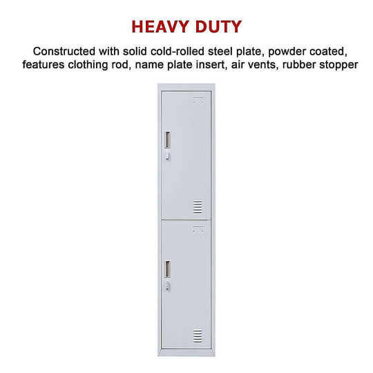 Heavy duty 2-door vertical locker made of cold-rolled steel, ideal for secure storage in office or home, affordable and quality.