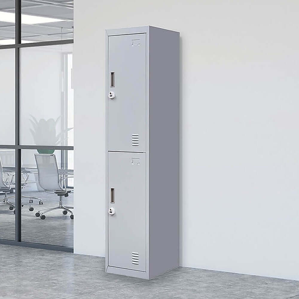 Affordable 2-door vertical locker for office, gym, or school storage, made from quality cold-rolled steel.