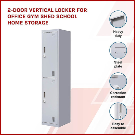 2-door vertical locker for secure storage in office, gym, school; heavy-duty steel, corrosion resistant, easy to assemble.