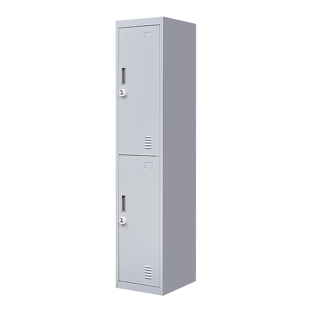 Affordable 2-door vertical locker in gray for secure storage in office, gym, or school settings.