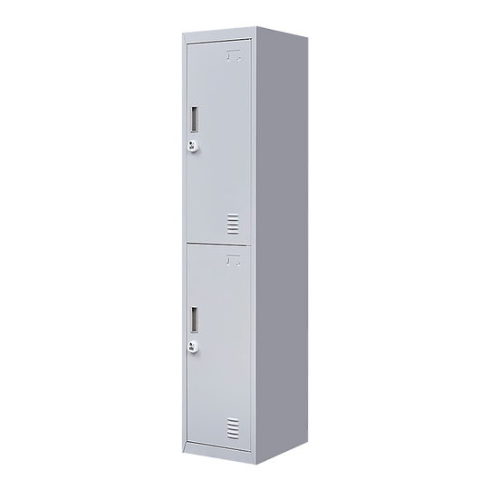 Affordable 2-door vertical locker in gray for secure storage in office, gym, or school settings.