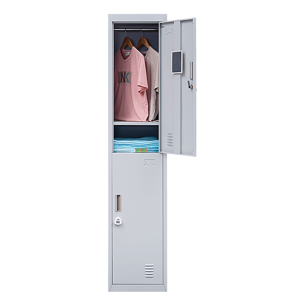 Affordable 2-door vertical locker with clothing and towels inside, perfect for school, gym, or home storage.