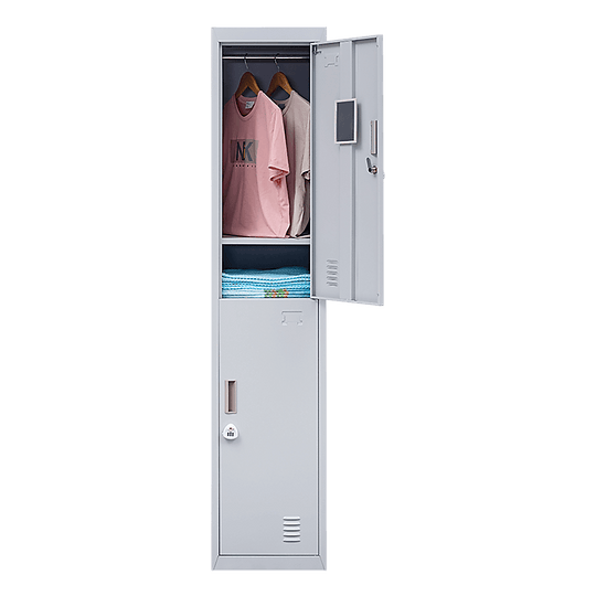 Affordable 2-door vertical locker with clothing and towels inside, perfect for school, gym, or home storage.