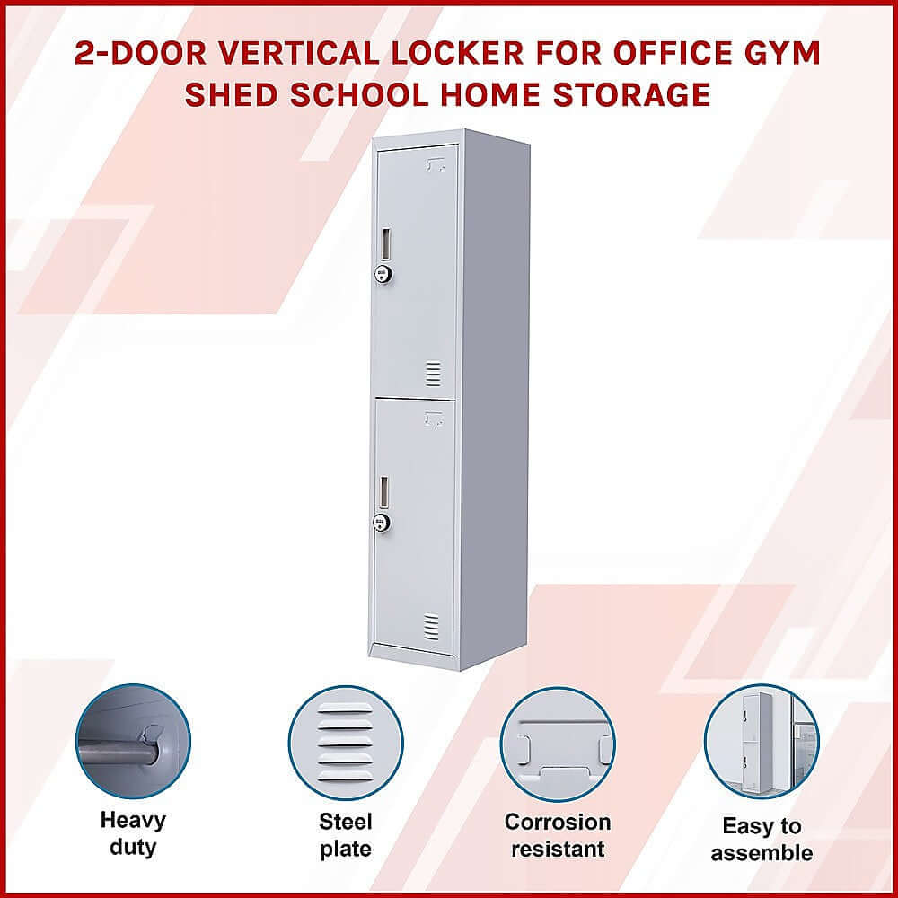 Affordable 2-Door Vertical Locker for secure storage in office, gym, school, and home. Heavy duty, corrosion resistant, easy to assemble.