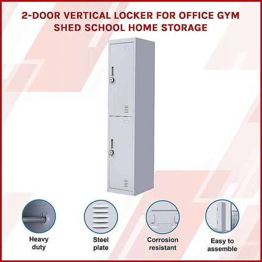 Affordable 2-Door Vertical Locker for secure storage in office, gym, school, and home. Heavy duty, corrosion resistant, easy to assemble.