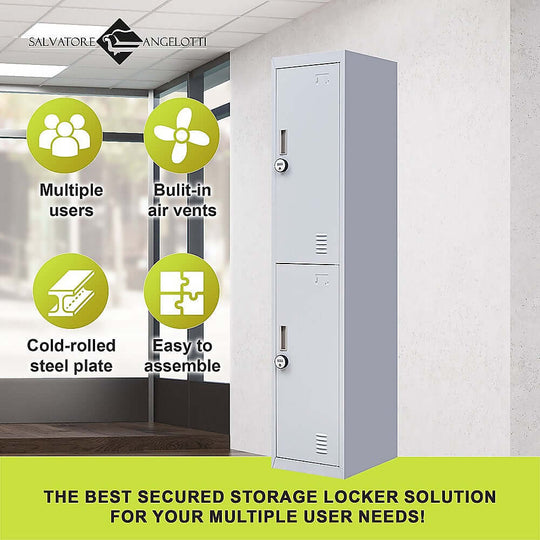 2-door vertical locker for secure storage, featuring air vents, cold-rolled steel, and easy assembly for home or office use.