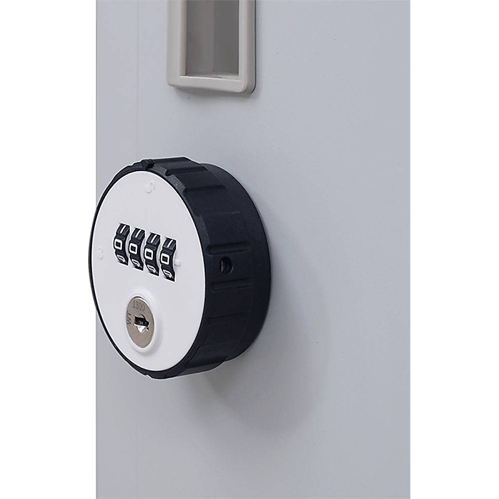 Close-up of a combination lock on a 2-door storage locker, ensuring secure and affordable storage solutions.