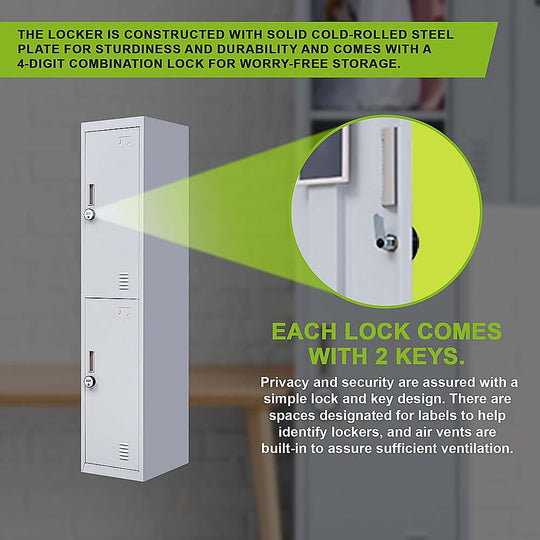 2-Door vertical locker made of cold-rolled steel, featuring secure locks and ventilation for home, gym, school, or office use.