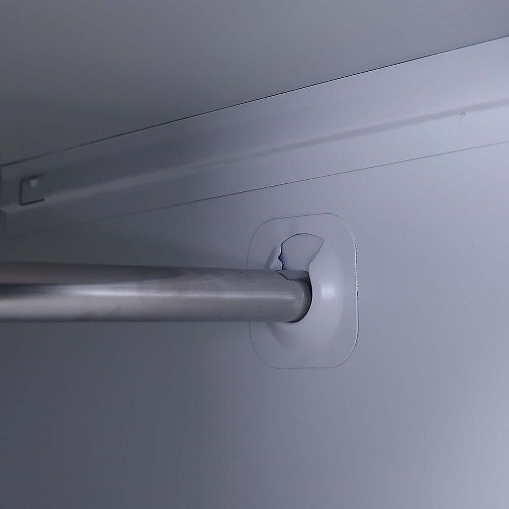 Close-up of the interior rod mount of a 2-door vertical locker, showcasing durable steel construction.