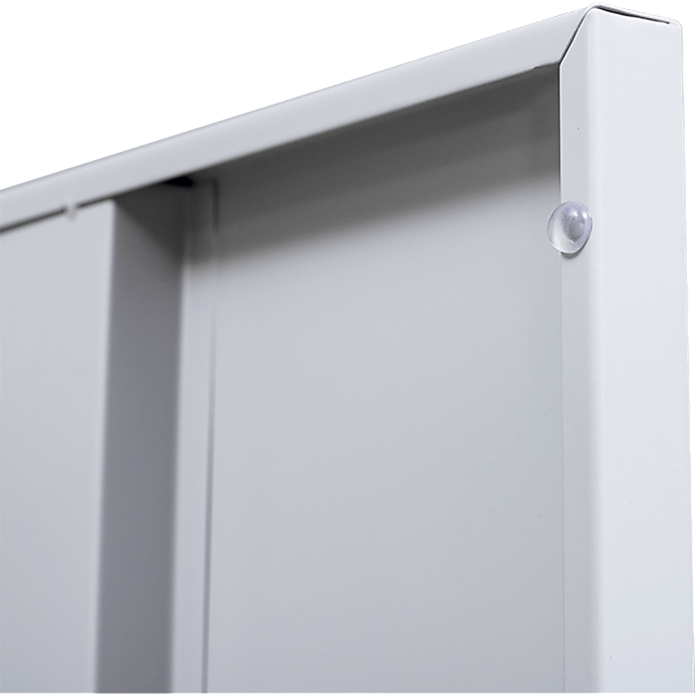 Close-up of the edge of a durable all-steel 2-door vertical locker, showcasing quality construction and secure design.