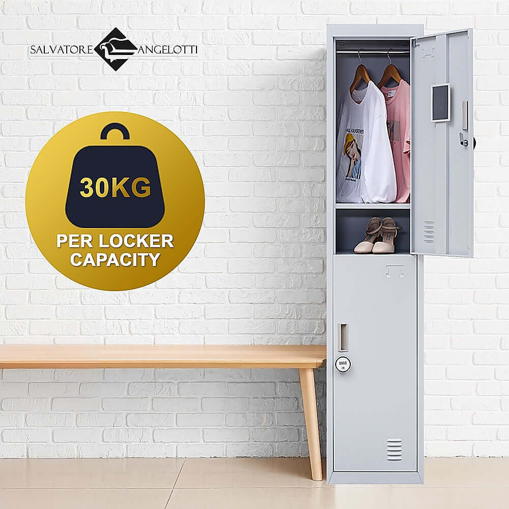 2-Door vertical locker showcasing clothing, highlighting 30kg capacity, ideal for office, gym, or school use.