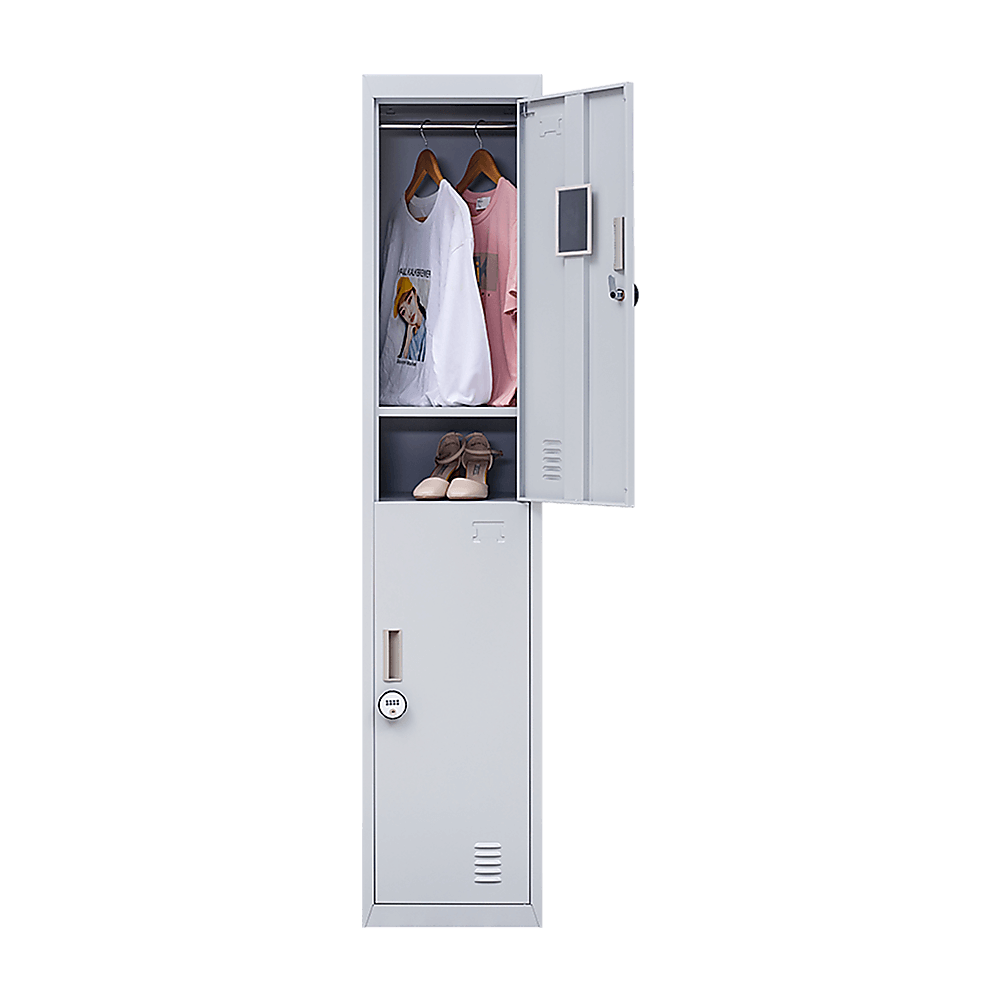 Affordable 2-door vertical locker with clothes and shoes, ideal for home, gym, and school storage.