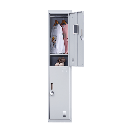 Affordable 2-door vertical locker with clothes and shoes, ideal for home, gym, and school storage.