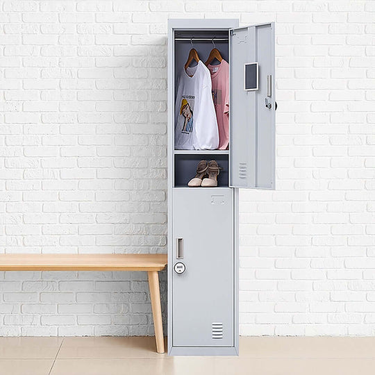 Affordable 2-door vertical locker, ideal for home, gym, or school, offering secure storage for clothes and shoes.