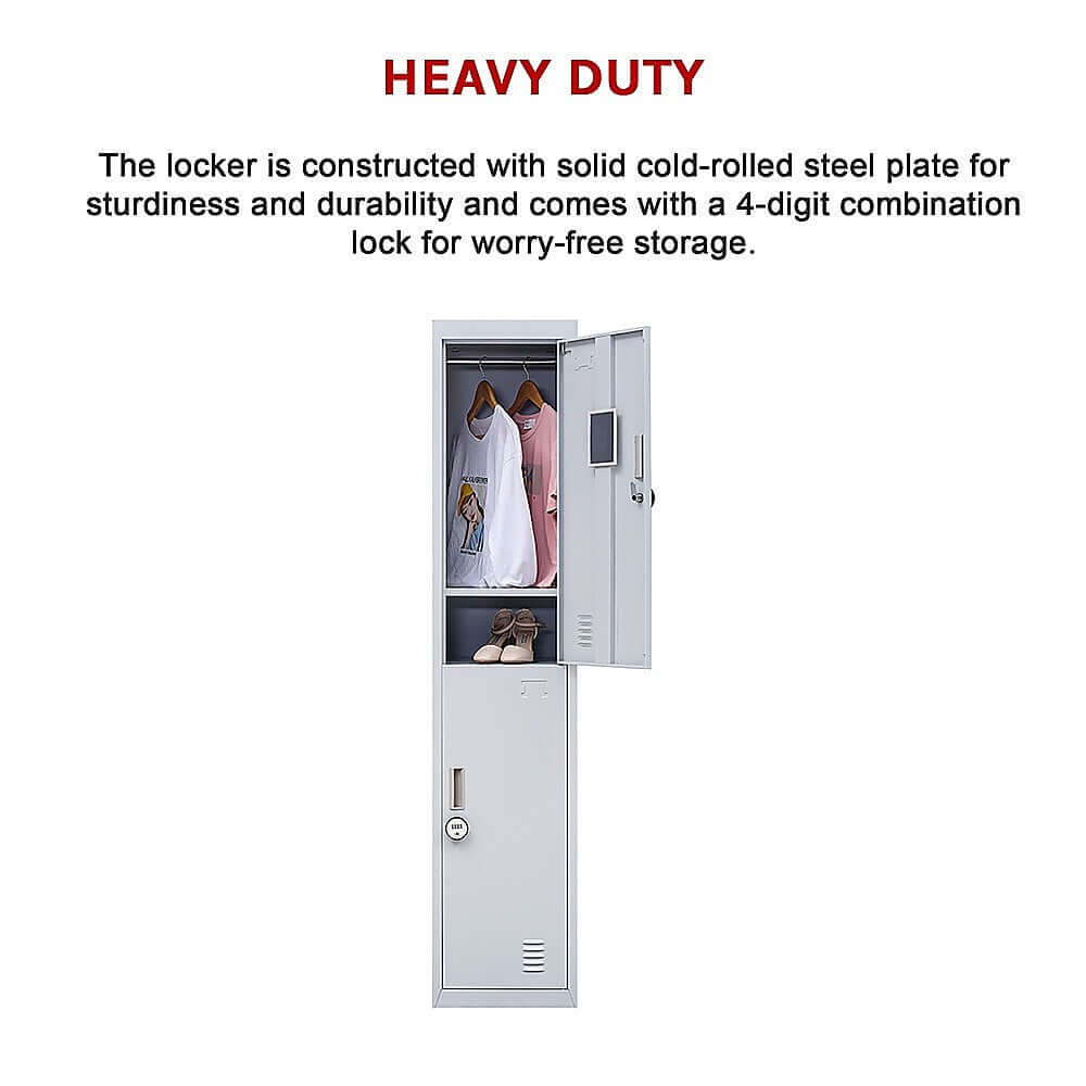 Heavy-duty 2-door vertical locker with 4-digit lock, ideal for secure storage in gyms, schools, and offices.