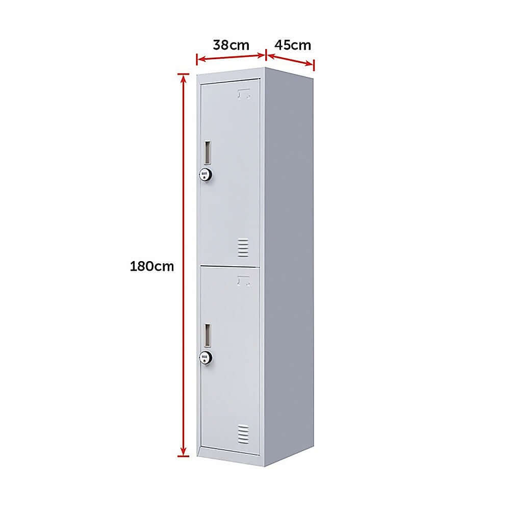 2-door vertical locker dimensions: 180cm height, 38cm width, 45cm depth, ideal for affordable secure storage.